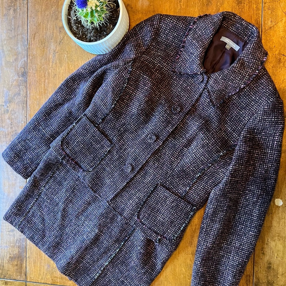 Ann Taylor Tweed Skirt Suit Set Blazer Skirt Purple Black Chanel Style Vintage